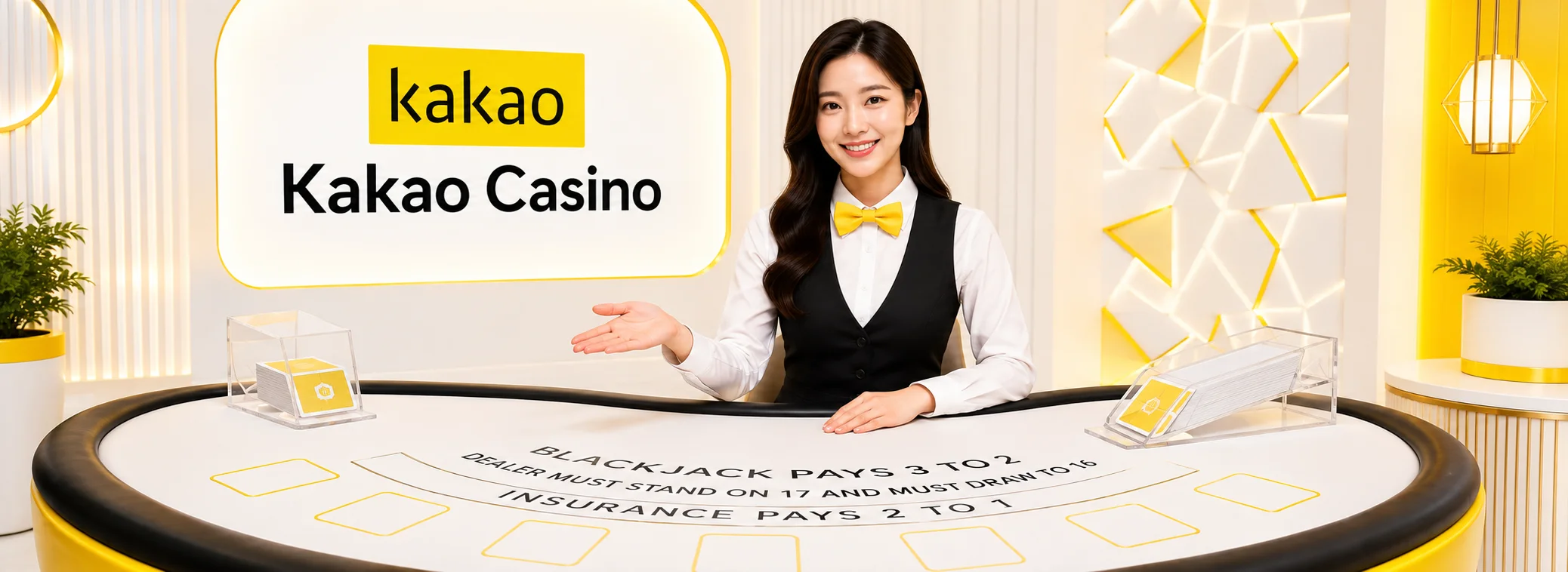 Kakao Casino 라이브 바카라와 룰렛 테이블을 안내하는 노란색 배너